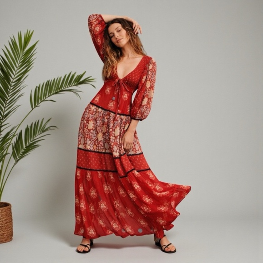 Free People Red Bali Laurel Maxi Dress Boho Romantic Resort Festival S/M